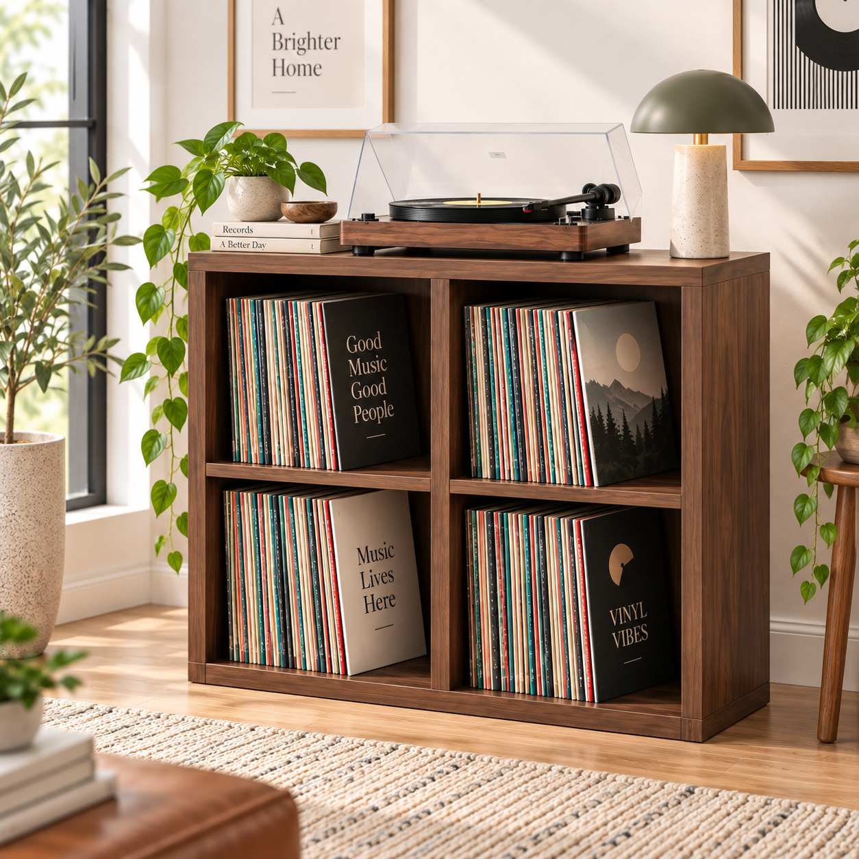 レコードプレーヤー用スタンド（LP収納付き）– モダンなターンテーブル