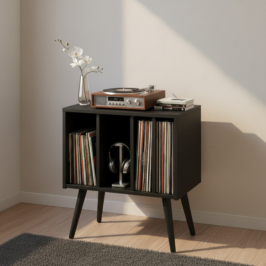 Mid Century Modern Record Player Stand with Vinyl Storage Cabinet, Wooden Turntable Stand, LP Record Organizer, Retro Media Console