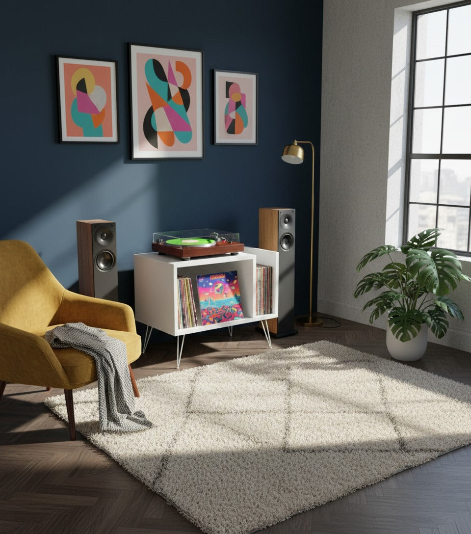 Modern Record Player Stand with Vinyl Storage, MDF Turntable Cabinet, LP Record Organizer, Mid Century Media Console