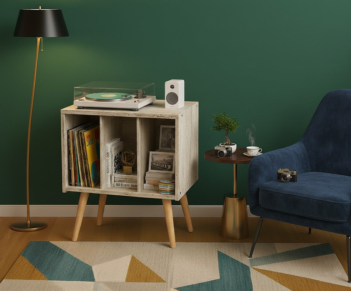 Mid Century Modern Record Player Stand with Vinyl Storage Cabinet, Wooden Turntable Stand, LP Record Organizer, Retro Media Console