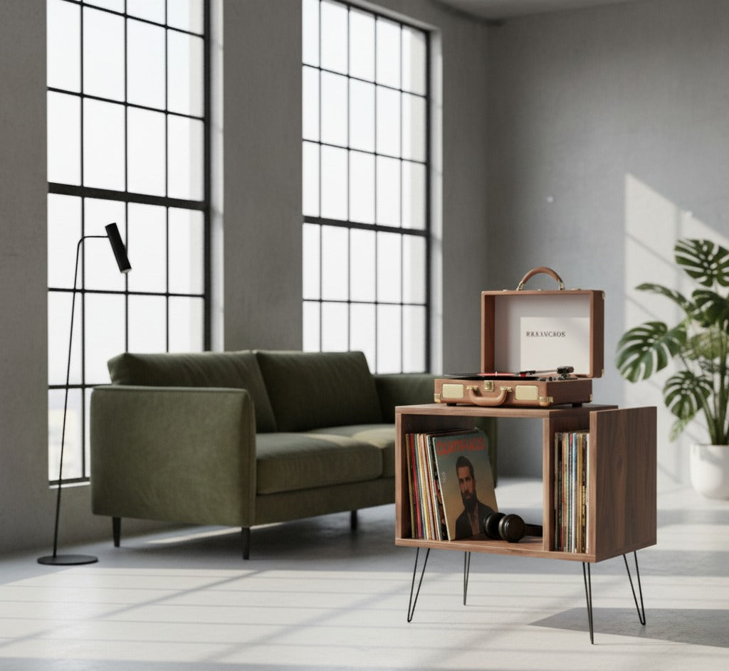 Modern Record Player Stand with Vinyl Storage, MDF Turntable Cabinet, LP Record Organizer, Mid Century Media Console
