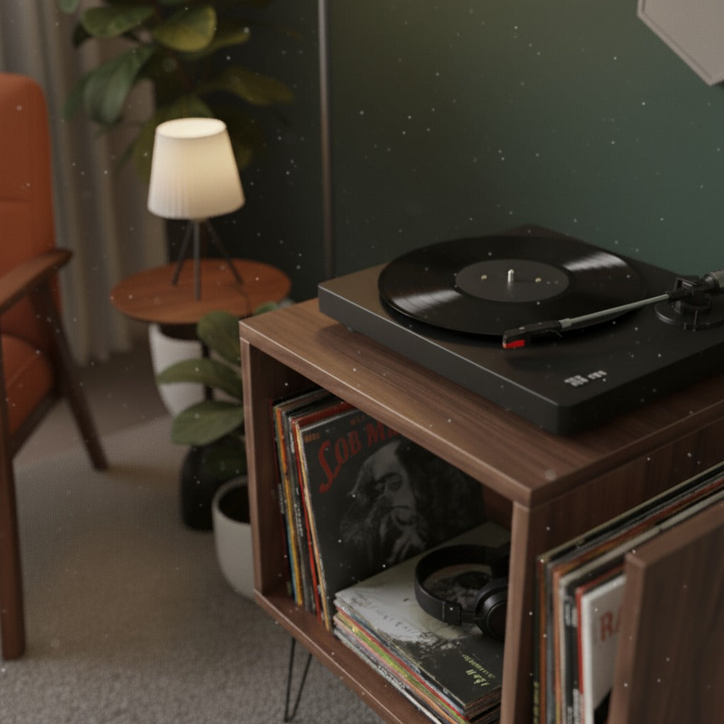 Modern Record Player Stand with Vinyl Storage, MDF Turntable Cabinet, LP Record Organizer, Mid Century Media Console