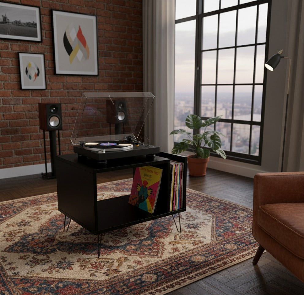 Modern Record Player Stand with Vinyl Storage, MDF Turntable Cabinet, LP Record Organizer, Mid Century Media Console