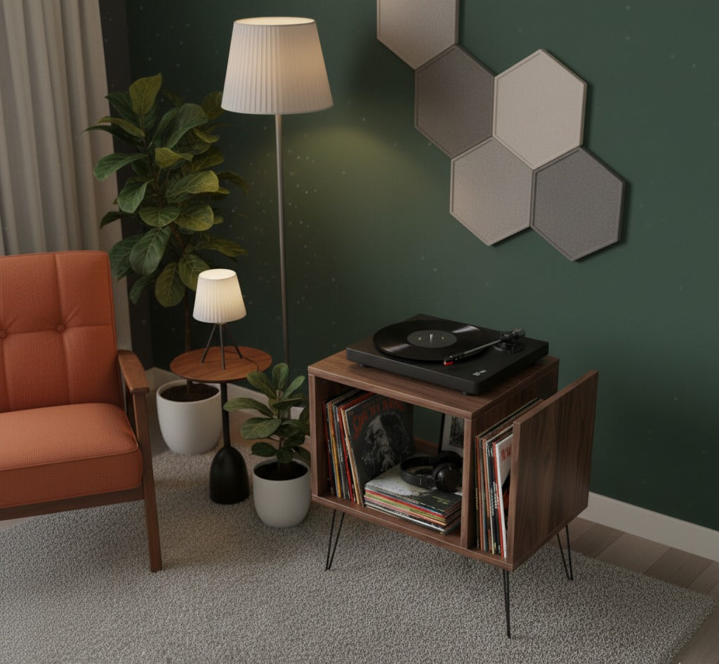 Modern Record Player Stand with Vinyl Storage, MDF Turntable Cabinet, LP Record Organizer, Mid Century Media Console