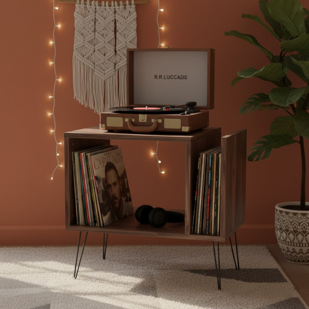 Modern Record Player Stand with Vinyl Storage, MDF Turntable Cabinet, LP Record Organizer, Mid Century Media Console