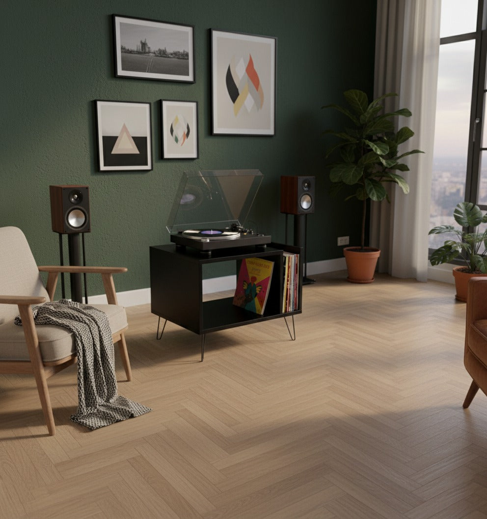 Modern Record Player Stand with Vinyl Storage, MDF Turntable Cabinet, LP Record Organizer, Mid Century Media Console