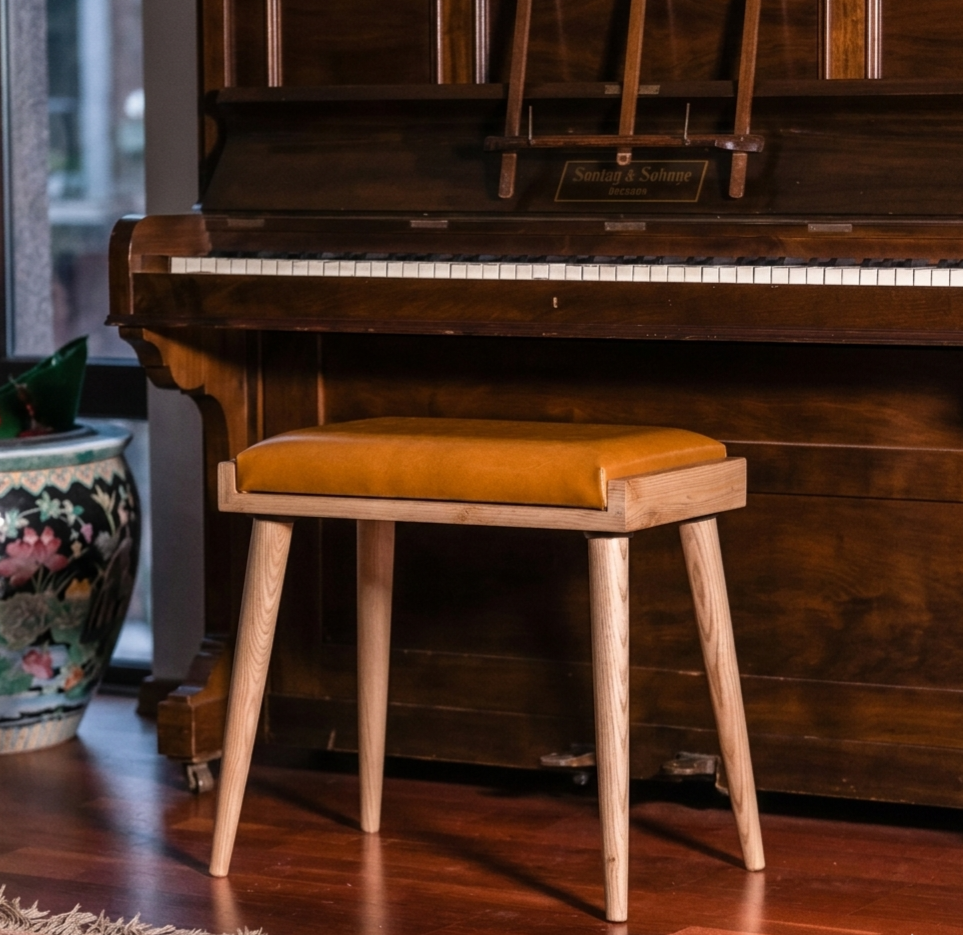 Solid Wood Piano Bench with Leather Upholstered Seat – Wooden Keyboard Stool