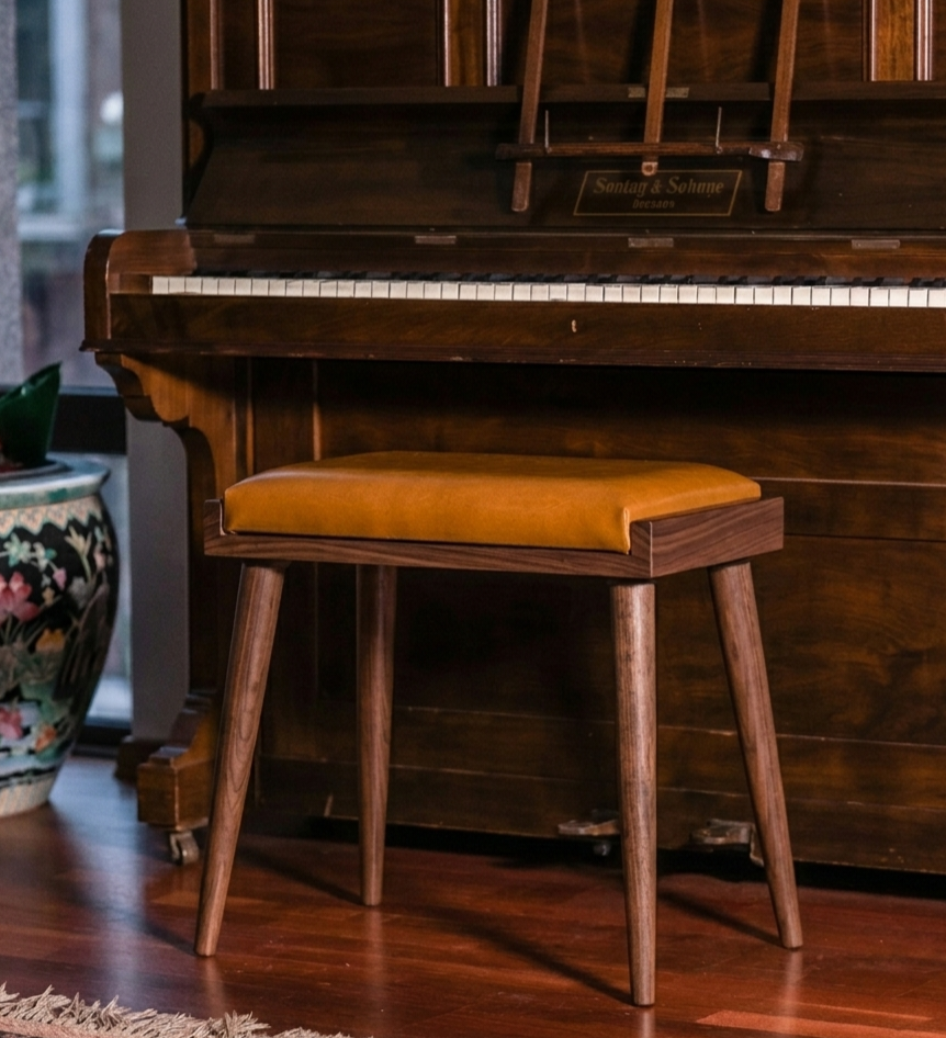 Solid Wood Piano Bench with Leather Upholstered Seat – Wooden Keyboard Stool