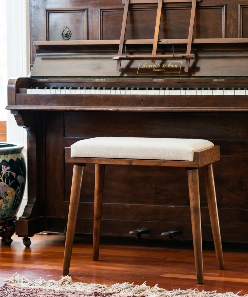 Solid Wood Piano Bench with Leather Upholstered Seat – Wooden Keyboard Stool