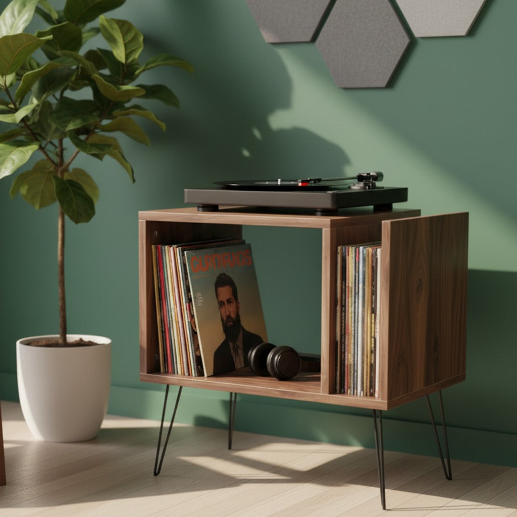 Modern Record Player Stand with Vinyl Storage, MDF Turntable Cabinet, LP Record Organizer, Mid Century Media Console
