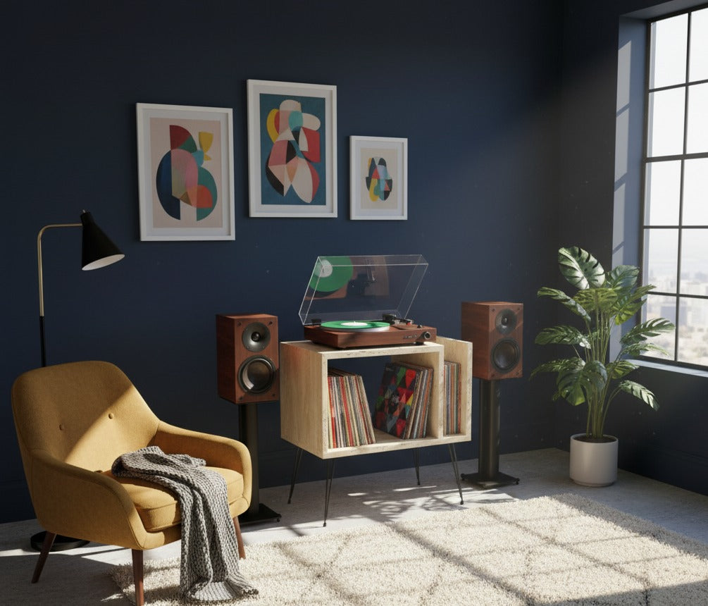 Modern Record Player Stand with Vinyl Storage, MDF Turntable Cabinet, LP Record Organizer, Mid Century Media Console
