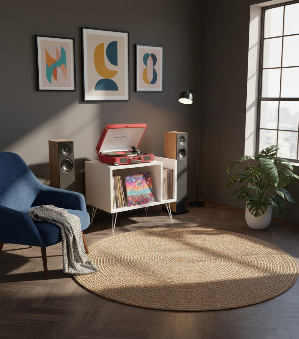 Modern Record Player Stand with Vinyl Storage, MDF Turntable Cabinet, LP Record Organizer, Mid Century Media Console