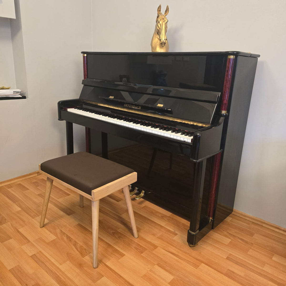 Solid Wood Piano Bench with Leather Upholstered Seat – Wooden Keyboard Stool & Music Bench