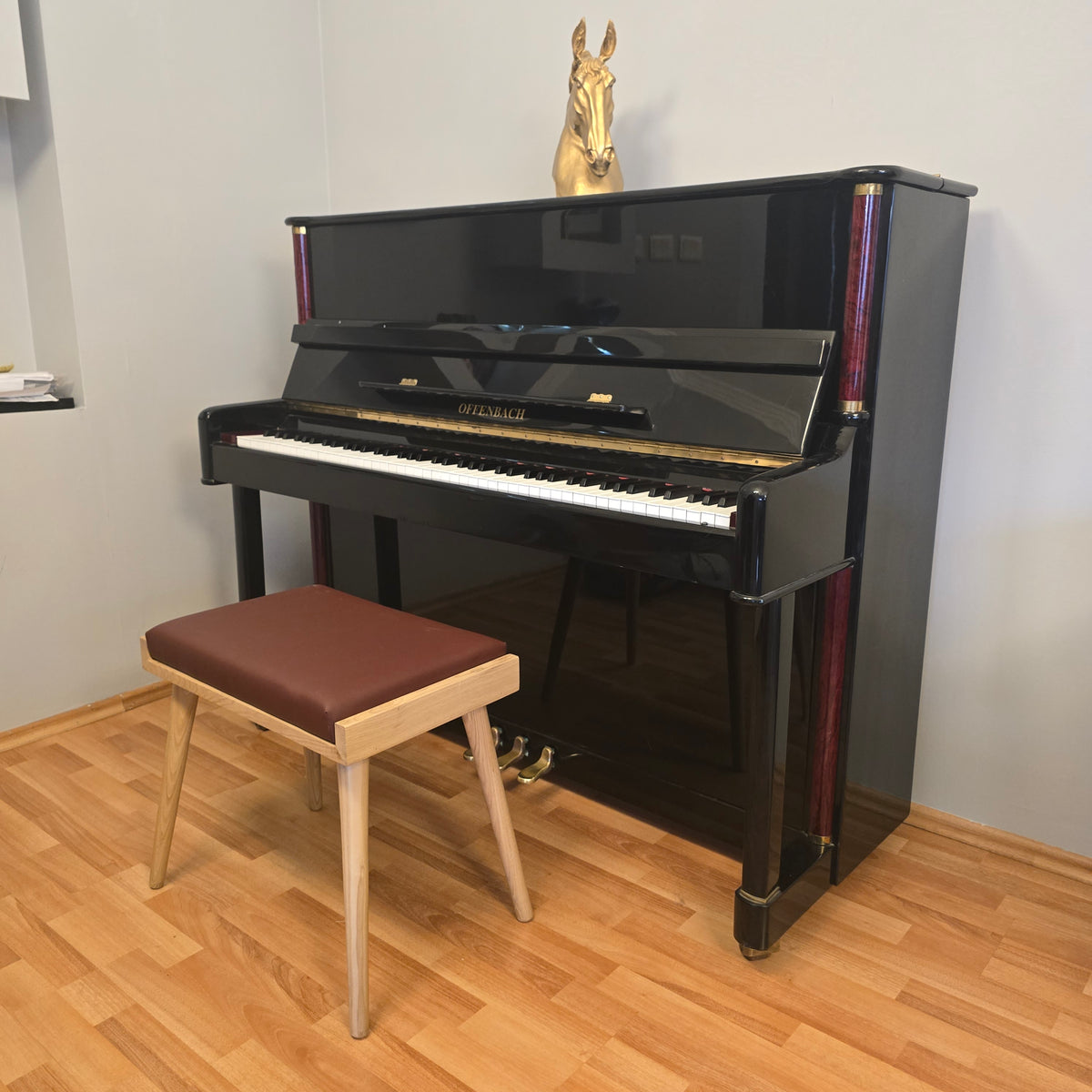 Solid Wood Piano Bench with Leather Upholstered Seat – Wooden Keyboard Stool & Music Bench
