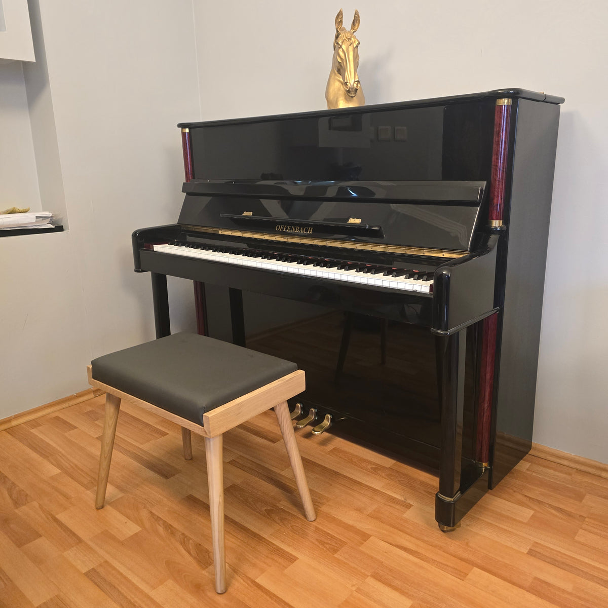 Solid Wood Piano Bench with Leather Upholstered Seat – Wooden Keyboard Stool & Music Bench