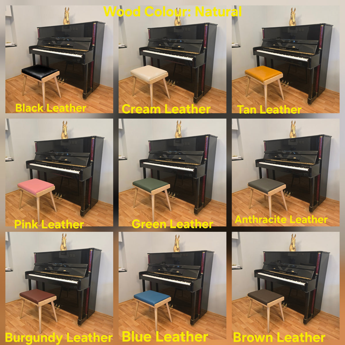 Solid Wood Piano Bench with Leather Upholstered Seat – Wooden Keyboard Stool & Music Bench