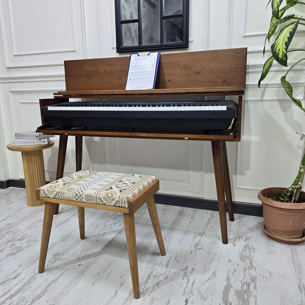 Solid Wood Piano Bench with Leather Upholstered Seat – Wooden Keyboard Stool & Music Bench