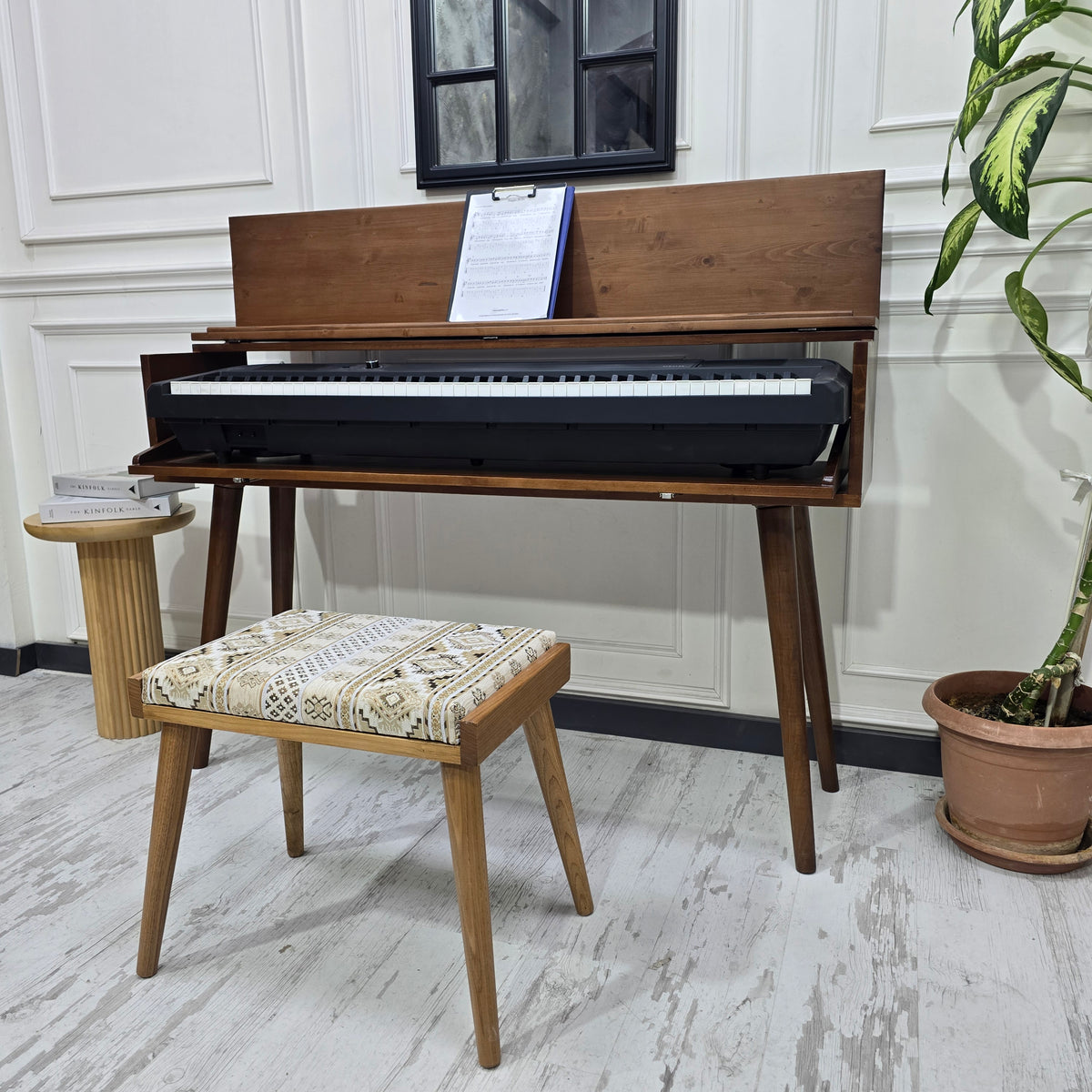 Solid Wood Piano Bench with Leather Upholstered Seat – Wooden Keyboard Stool & Music Bench