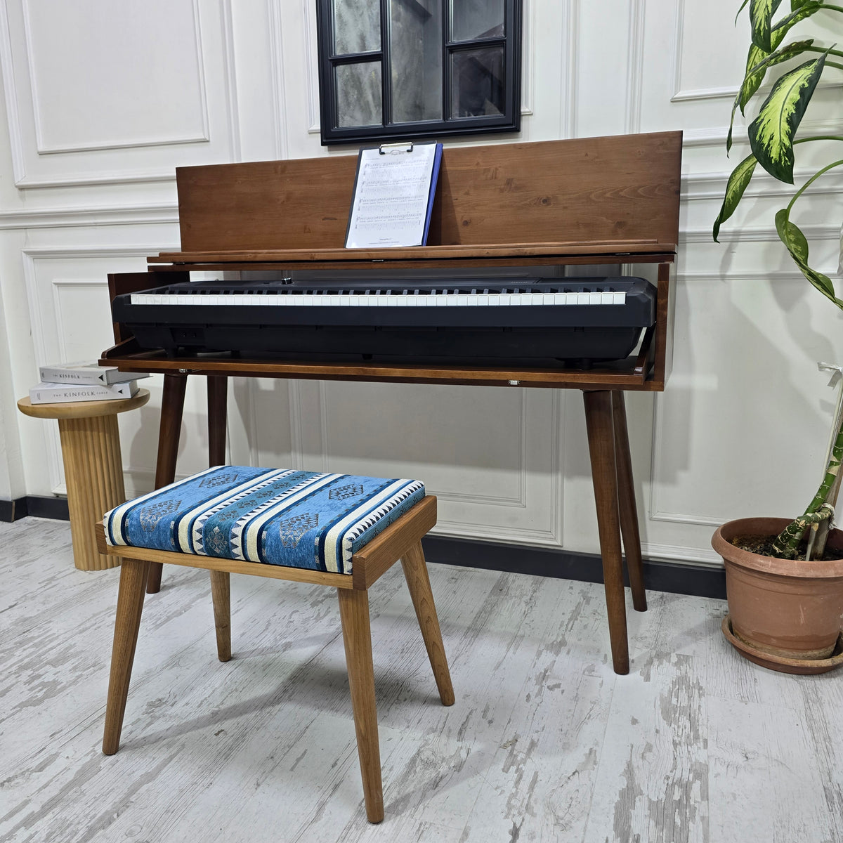 Solid Wood Piano Bench with Leather Upholstered Seat – Wooden Keyboard Stool & Music Bench