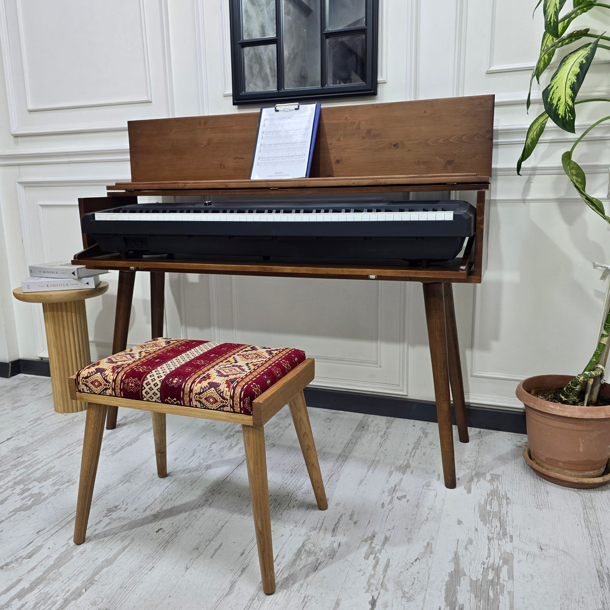Solid Wood Piano Bench with Leather Upholstered Seat – Wooden Keyboard Stool & Music Bench