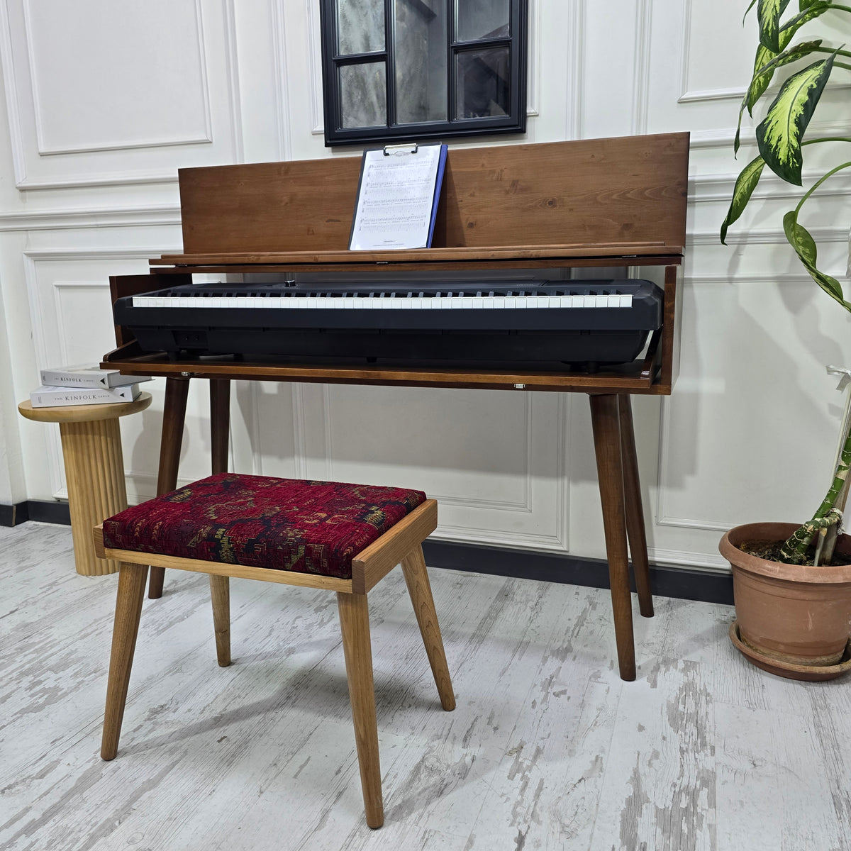Solid Wood Piano Bench with Leather Upholstered Seat – Wooden Keyboard Stool & Music Bench