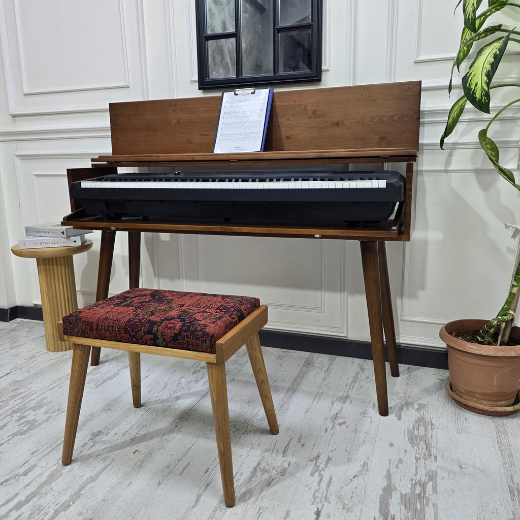 Solid Wood Piano Bench with Leather Upholstered Seat – Wooden Keyboard Stool & Music Bench