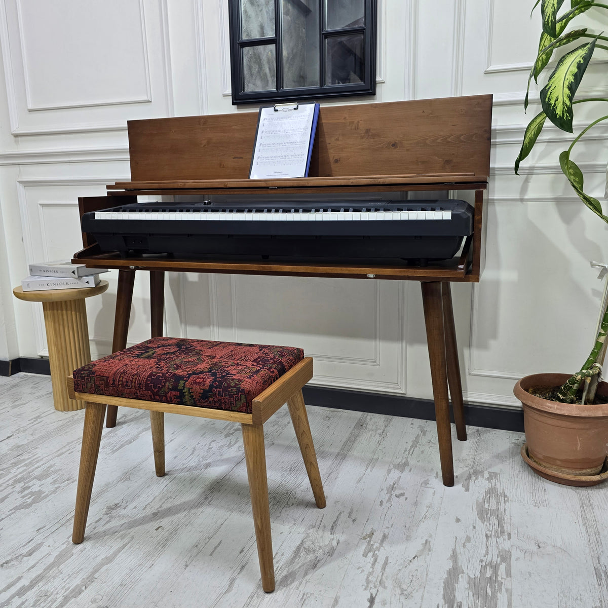 Solid Wood Piano Bench with Leather Upholstered Seat – Wooden Keyboard Stool & Music Bench