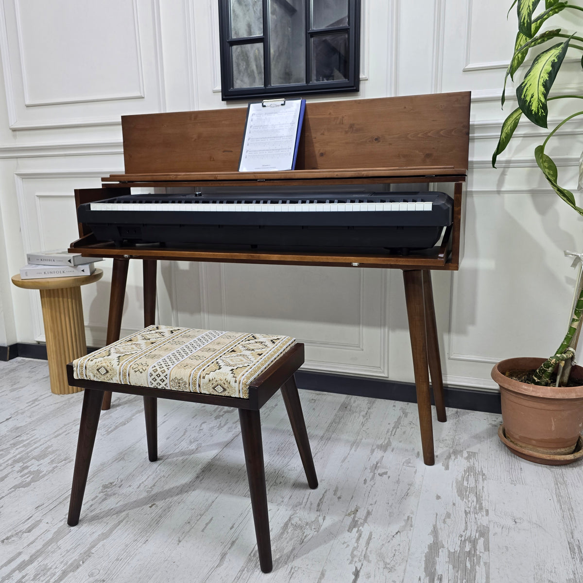 Solid Wood Piano Bench with Leather Upholstered Seat – Wooden Keyboard Stool & Music Bench