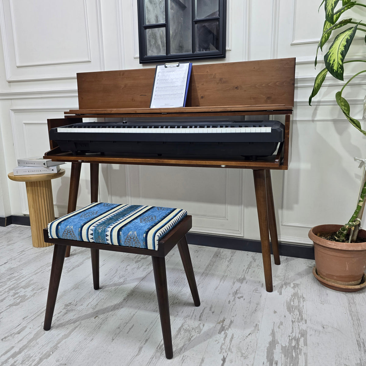 Solid Wood Piano Bench with Leather Upholstered Seat – Wooden Keyboard Stool & Music Bench