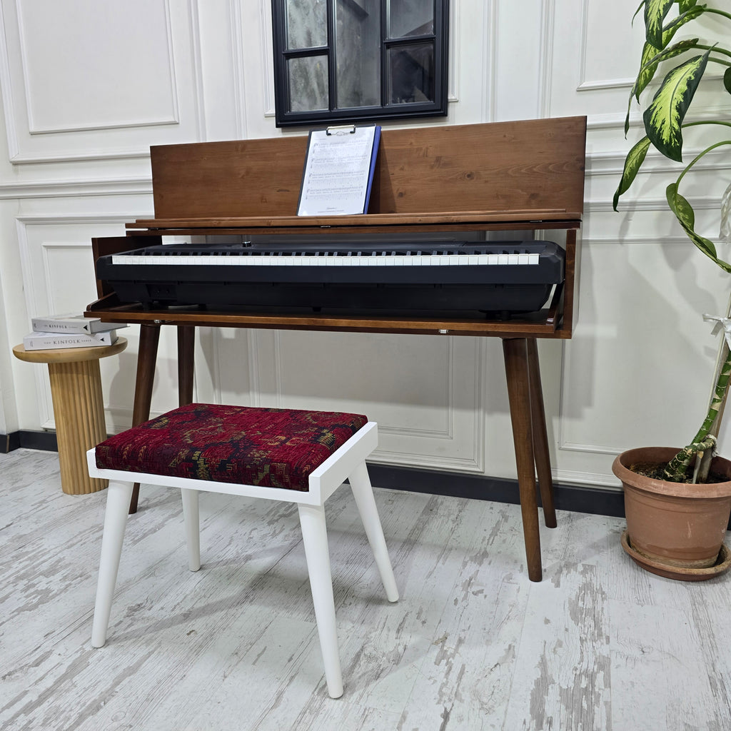 Solid Wood Piano Bench with Leather Upholstered Seat – Wooden Keyboard Stool & Music Bench