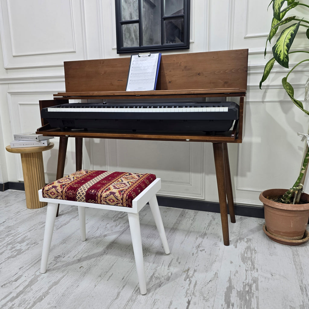 Solid Wood Piano Bench with Leather Upholstered Seat – Wooden Keyboard Stool & Music Bench