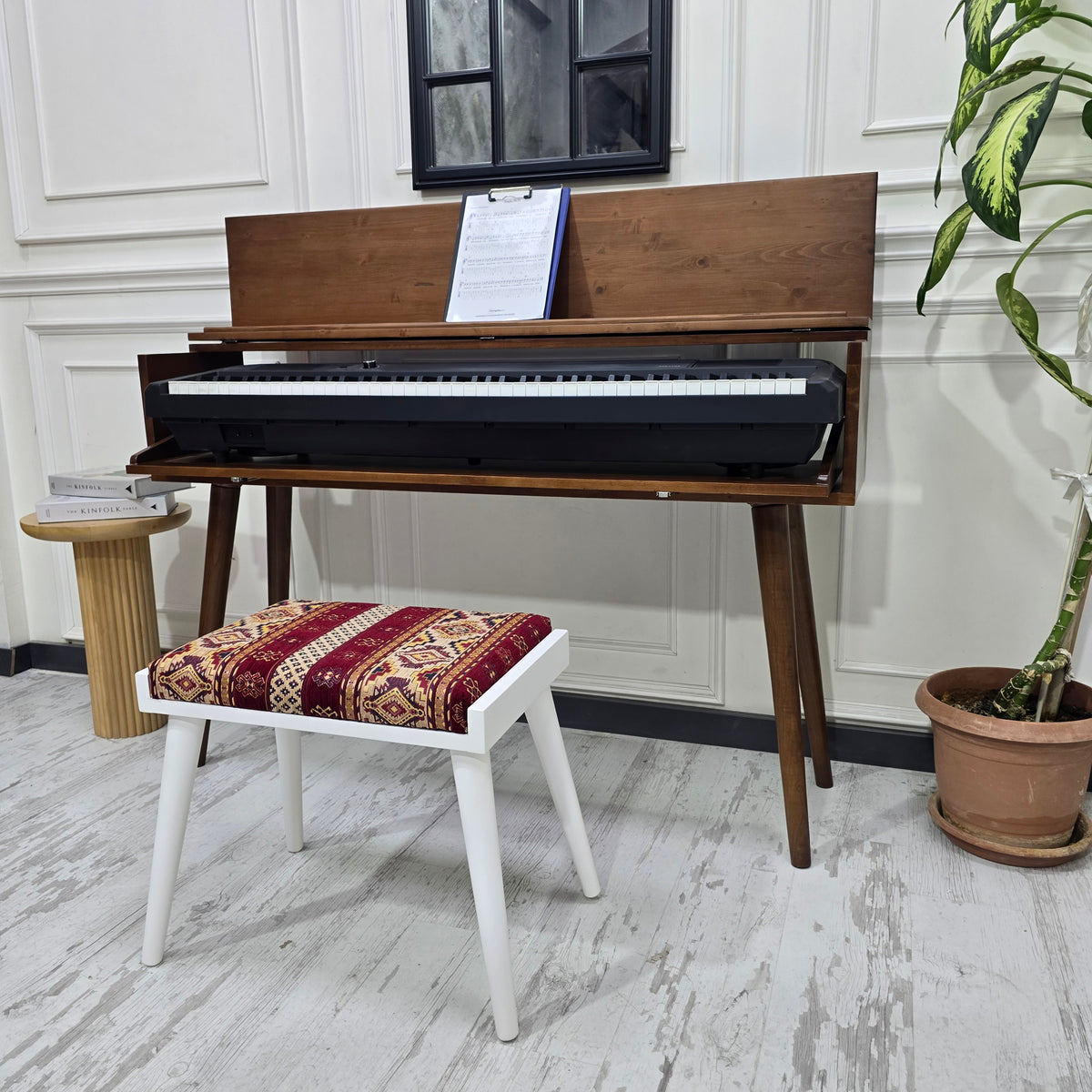 Solid Wood Piano Bench with Leather Upholstered Seat – Wooden Keyboard Stool & Music Bench