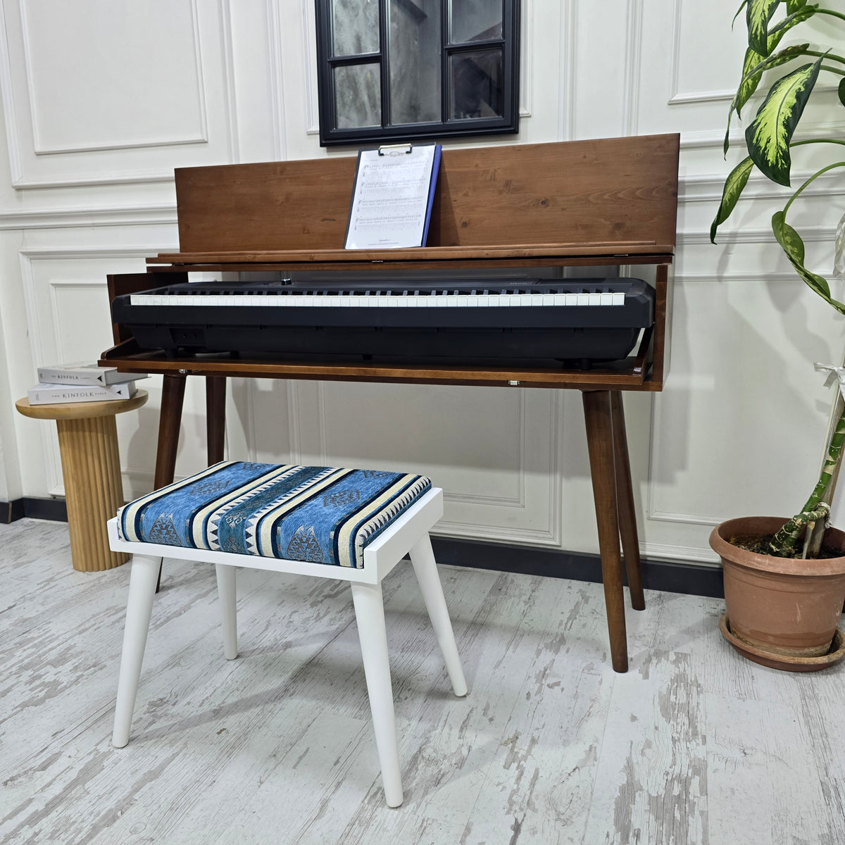 Solid Wood Piano Bench with Leather Upholstered Seat – Wooden Keyboard Stool & Music Bench