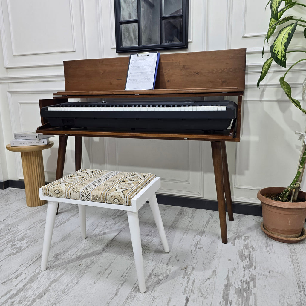 Solid Wood Piano Bench with Leather Upholstered Seat – Wooden Keyboard Stool & Music Bench