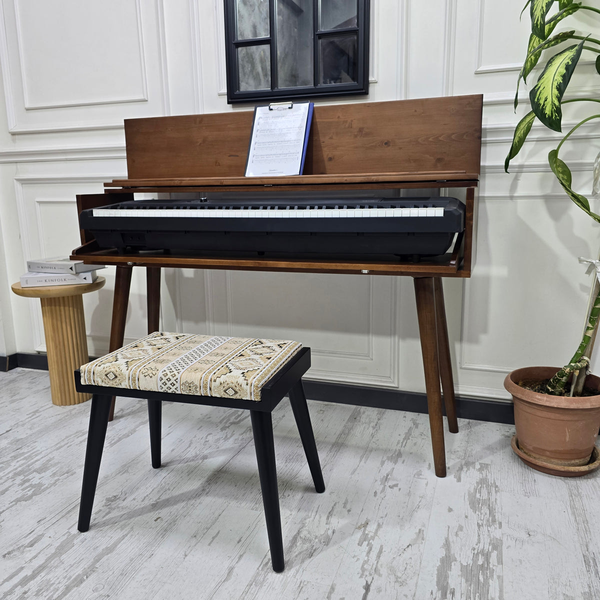 Solid Wood Piano Bench with Leather Upholstered Seat – Wooden Keyboard Stool & Music Bench