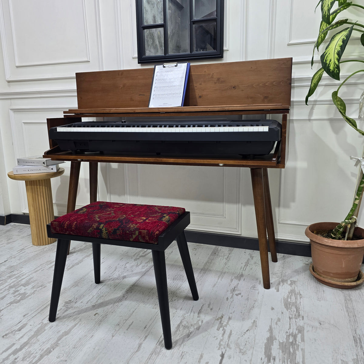 Solid Wood Piano Bench with Leather Upholstered Seat – Wooden Keyboard Stool & Music Bench