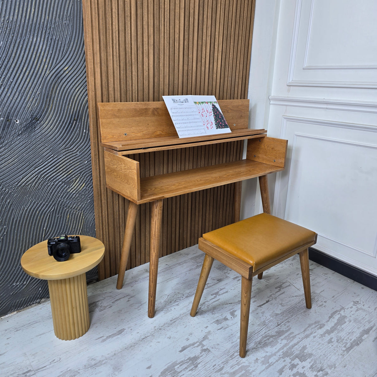 Solid Wood Piano Bench with Leather Upholstered Seat – Wooden Keyboard Stool & Music Bench