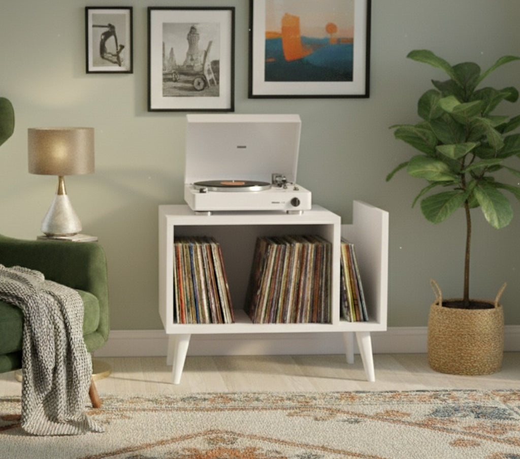 Modern Record Player Stand with Vinyl Storage, MDF Turntable Cabinet, LP Record Organizer, Mid Century Media Console