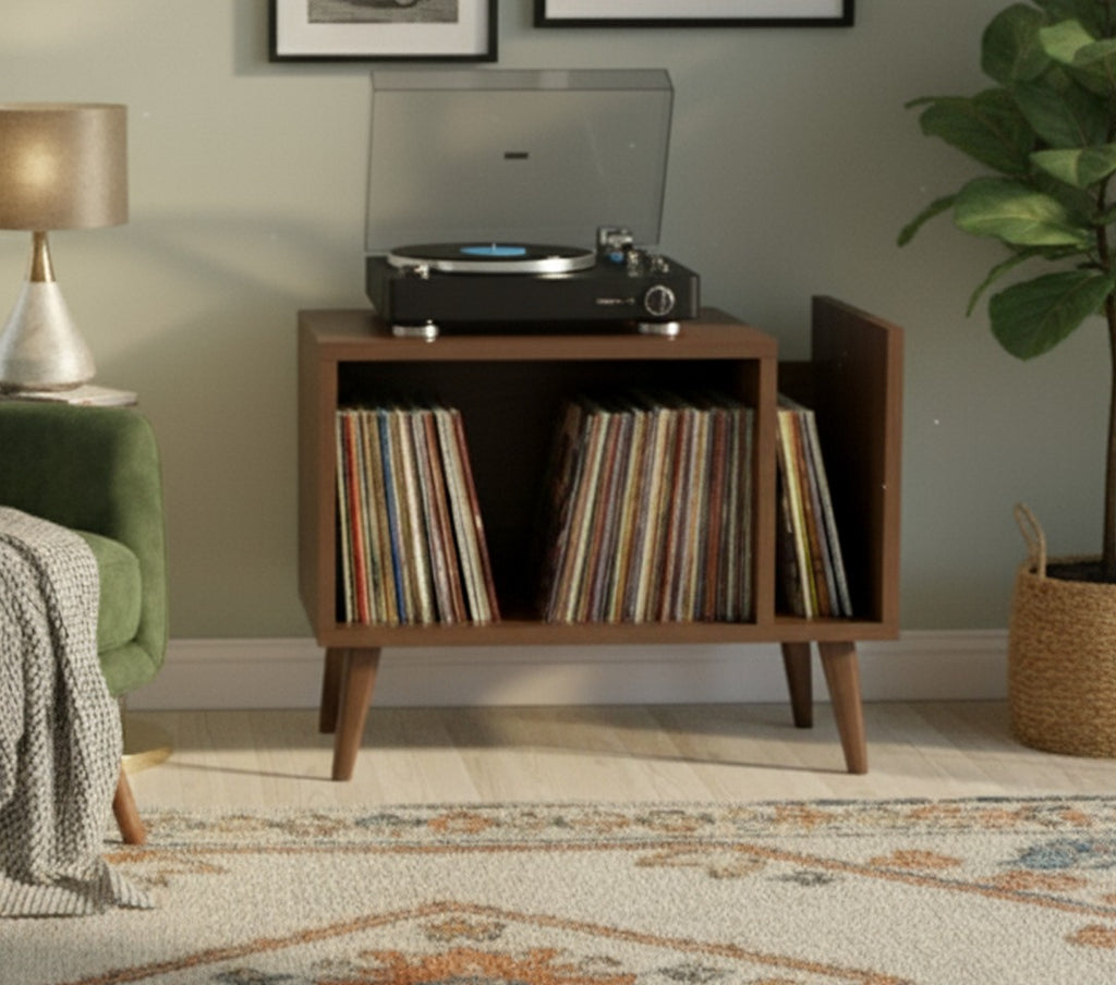Modern Record Player Stand with Vinyl Storage, MDF Turntable Cabinet, LP Record Organizer, Mid Century Media Console