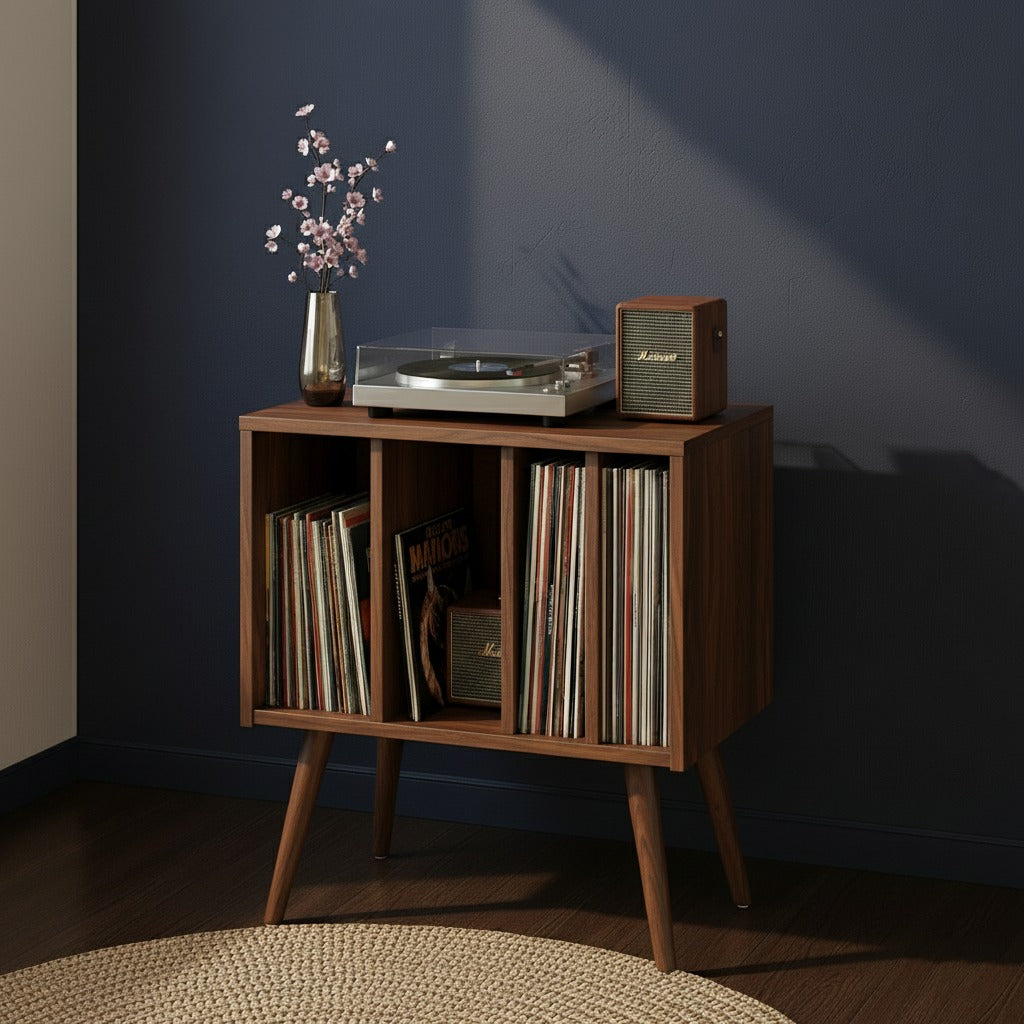 Mid Century Modern Record Player Stand with Vinyl Storage Cabinet, Wooden Turntable Stand, LP Record Organizer, Retro Media Console