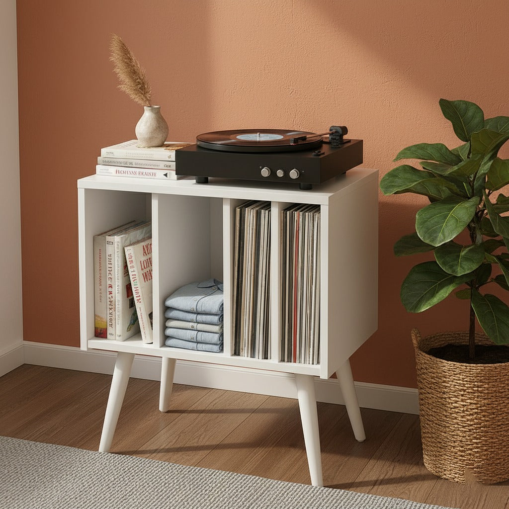 Mid Century Modern Record Player Stand with Vinyl Storage Cabinet, Wooden Turntable Stand, LP Record Organizer, Retro Media Console
