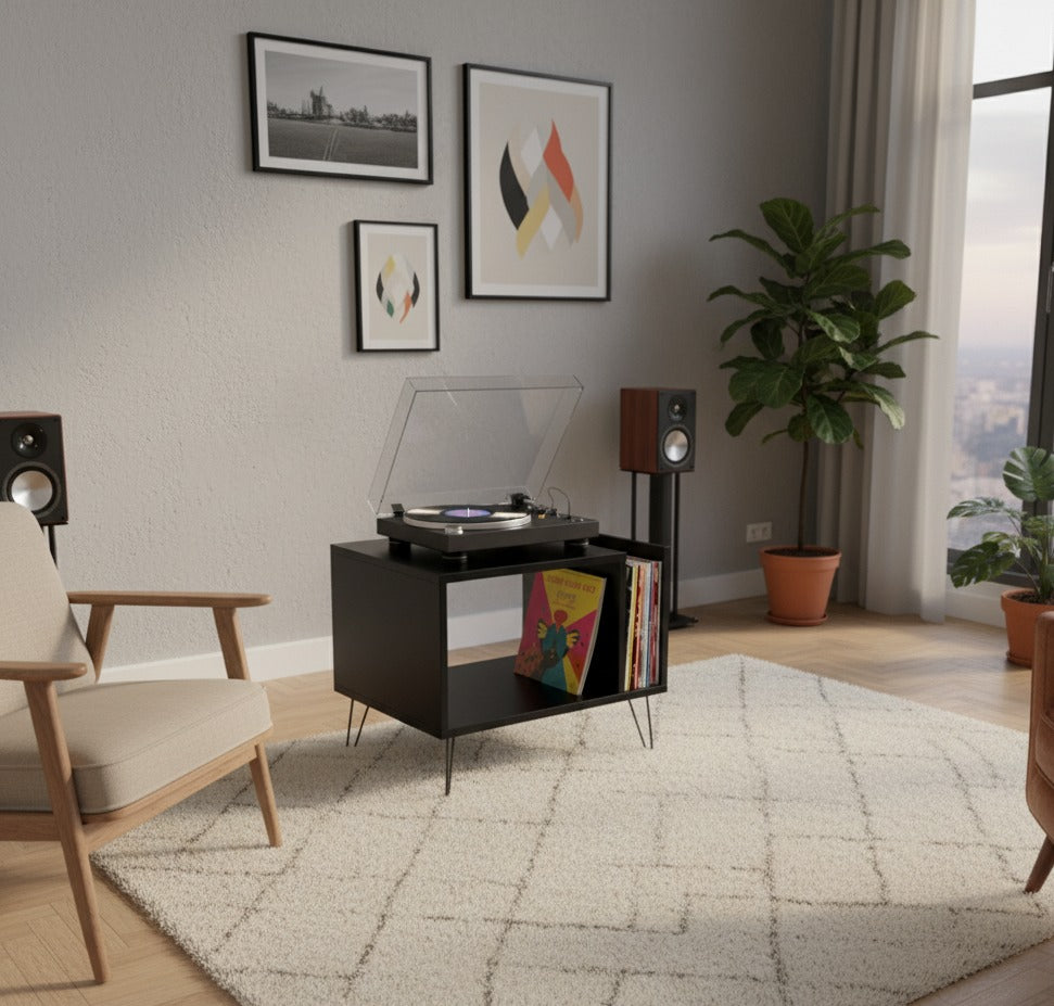 Modern Record Player Stand with Vinyl Storage, MDF Turntable Cabinet, LP Record Organizer, Mid Century Media Console