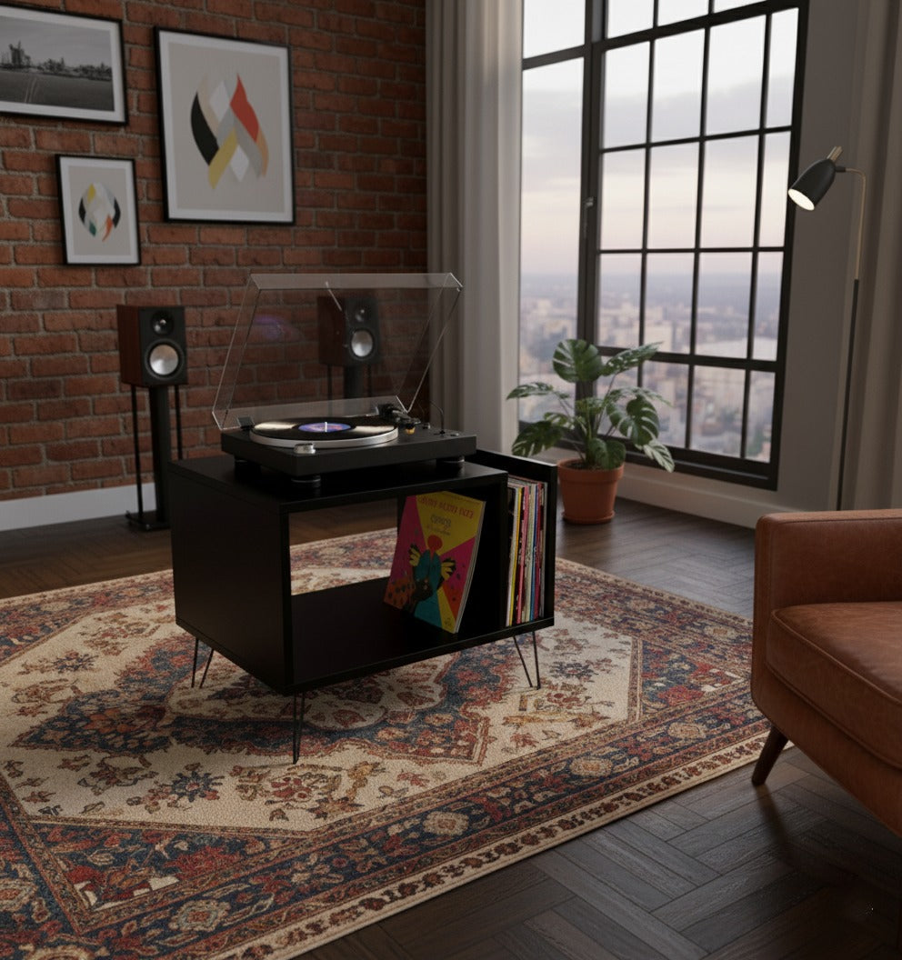 Modern Record Player Stand with Vinyl Storage, MDF Turntable Cabinet, LP Record Organizer, Mid Century Media Console