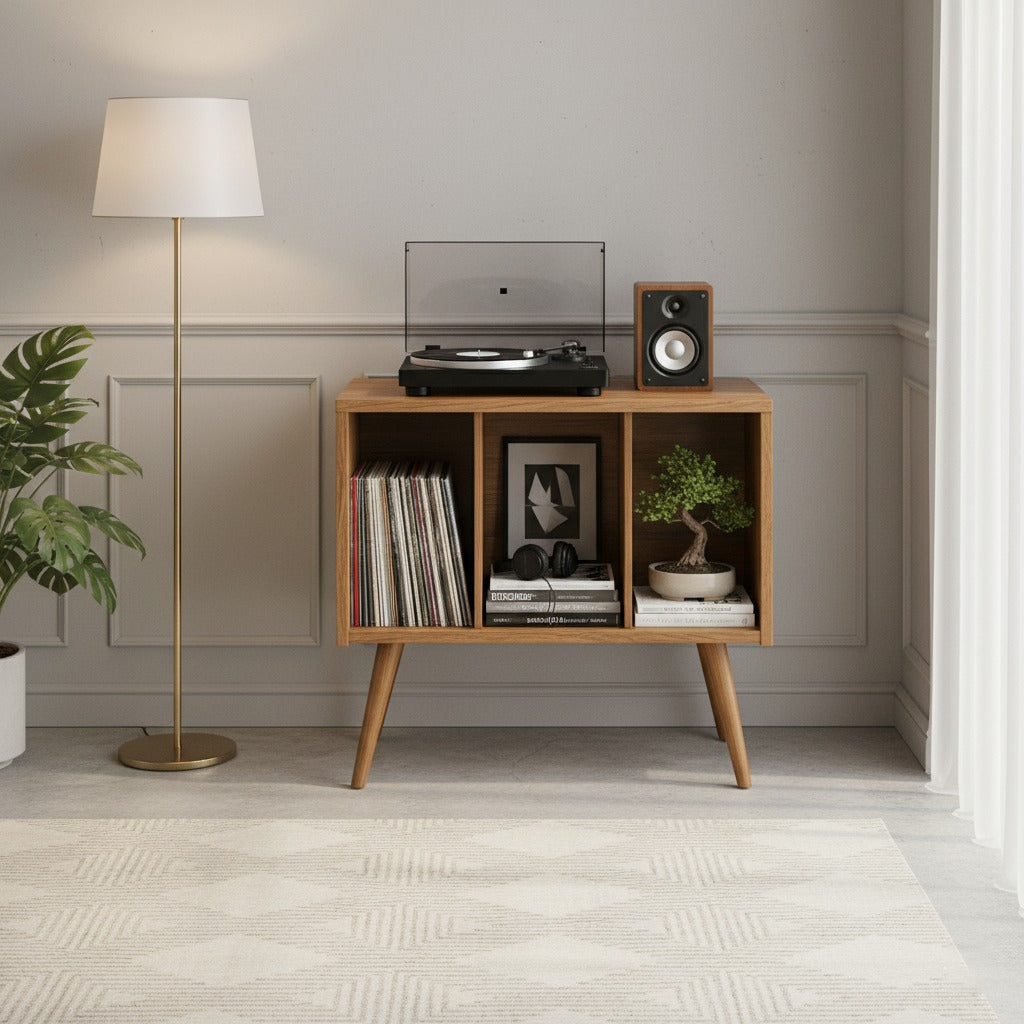 Mid Century Modern Record Player Stand with Vinyl Storage Cabinet, Wooden Turntable Stand, LP Record Organizer, Retro Media Console