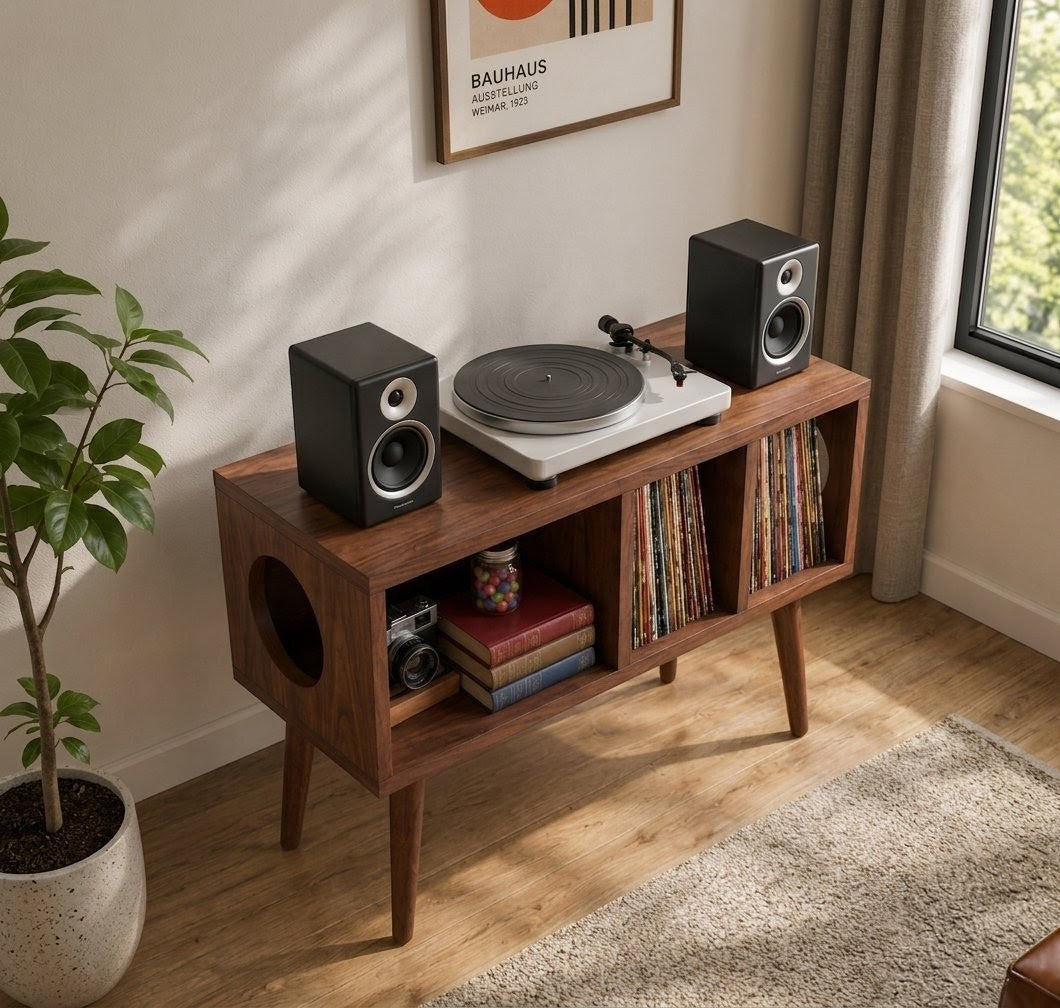 Mid Century Modern Record Player Stand | Vinyl Storage & Turntable Cabinet