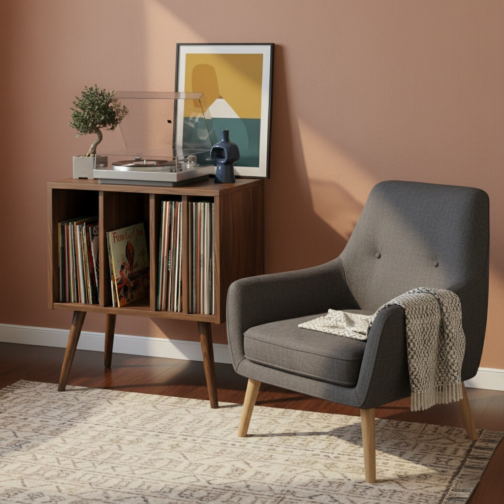 Mid Century Modern Record Player Stand with Vinyl Storage Cabinet, Wooden Turntable Stand, LP Record Organizer, Retro Media Console