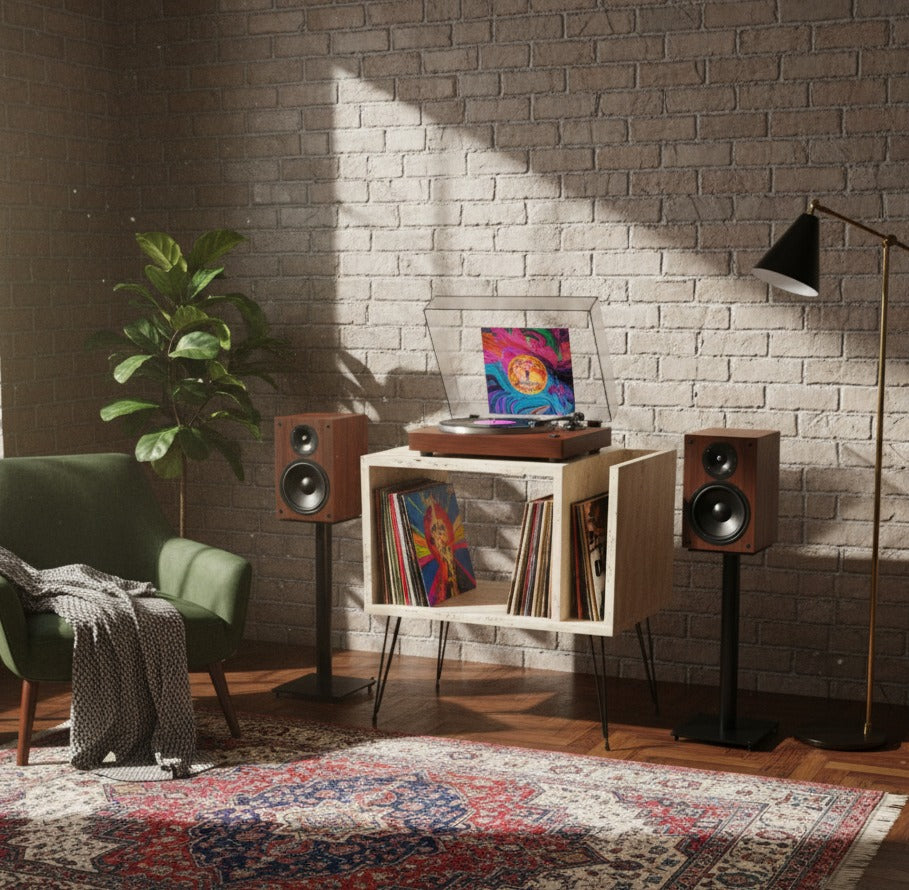 Modern Record Player Stand with Vinyl Storage, MDF Turntable Cabinet, LP Record Organizer, Mid Century Media Console
