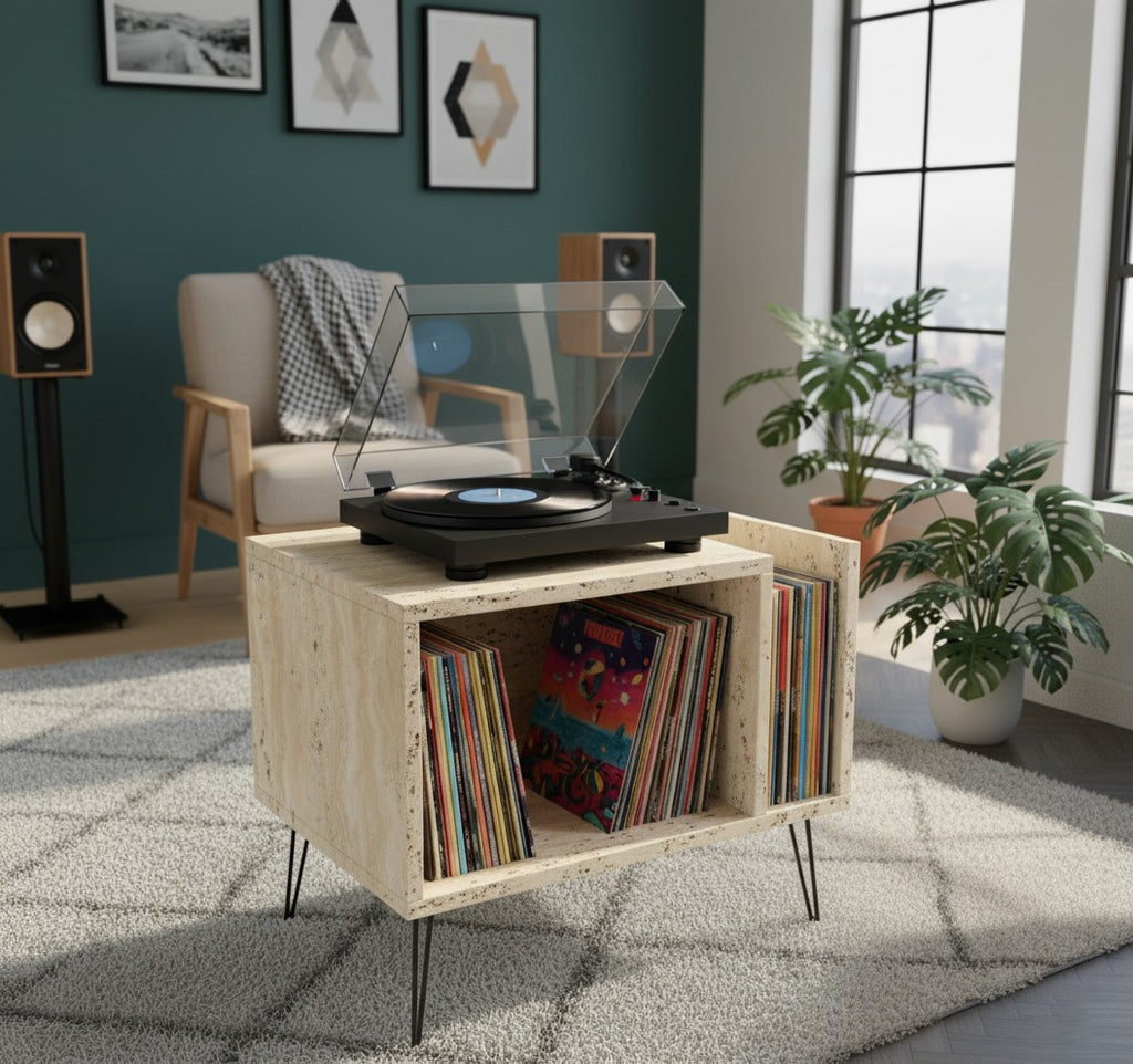 Modern Record Player Stand with Vinyl Storage, MDF Turntable Cabinet, LP Record Organizer, Mid Century Media Console