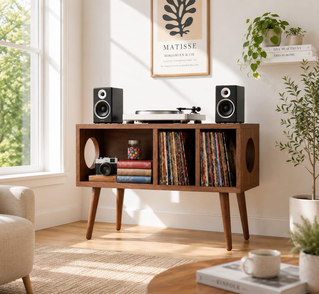 Mid Century Modern Record Player Stand | Vinyl Storage & Turntable Cabinet