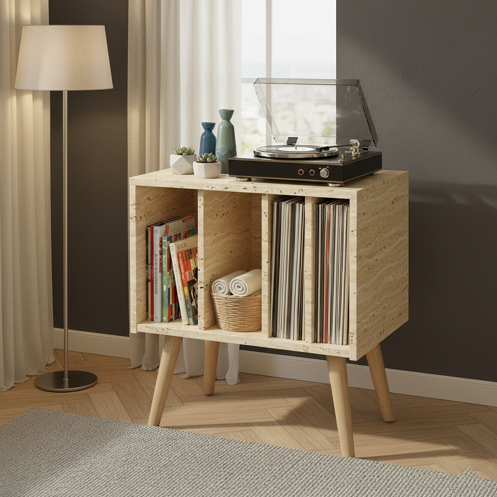 Mid Century Modern Record Player Stand with Vinyl Storage Cabinet, Wooden Turntable Stand, LP Record Organizer, Retro Media Console